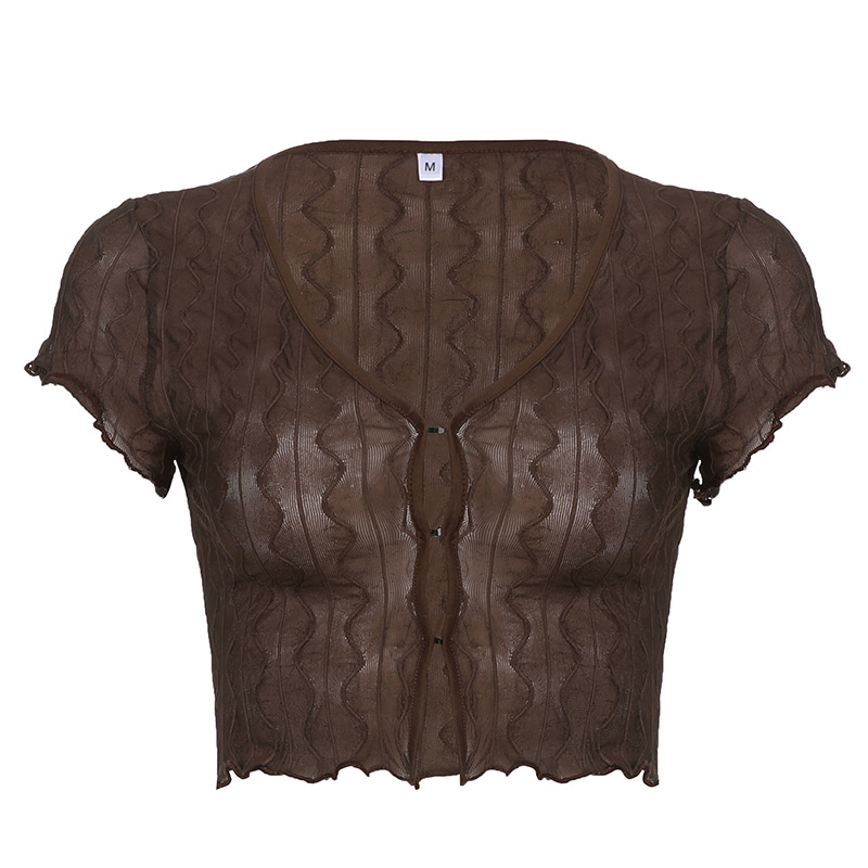 Perspective Vneck Hollow Cardigan Tshirt Careful Machine Fungus Edge Short Temperament Allmatch Top — photo 3