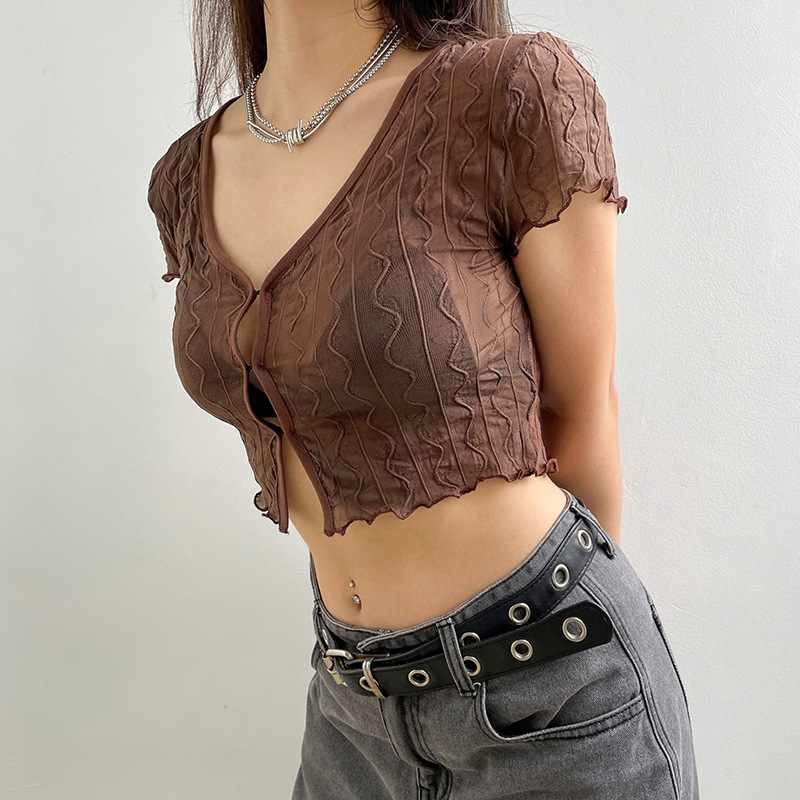 Perspective Vneck Hollow Cardigan Tshirt Careful Machine Fungus Edge Short Temperament Allmatch Top — photo 4