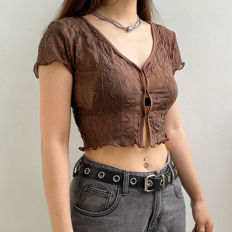 Perspective Vneck Hollow Cardigan Tshirt Careful Machine Fungus Edge Short Temperament Allmatch Top — photo 6