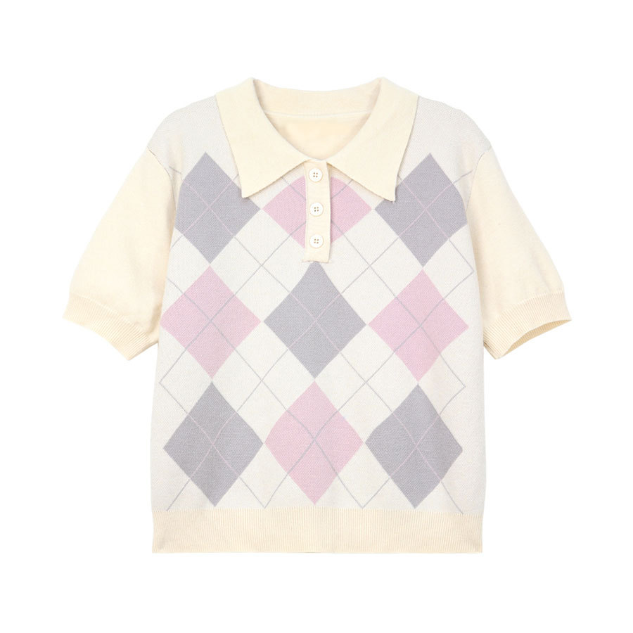Women's Retro Diamond Polo Collar Short Sleeve Tshirt — photo 4