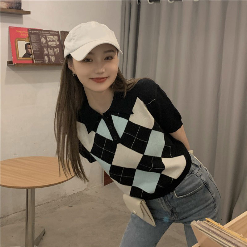Women's Retro Diamond Polo Collar Short Sleeve Tshirt — photo 6