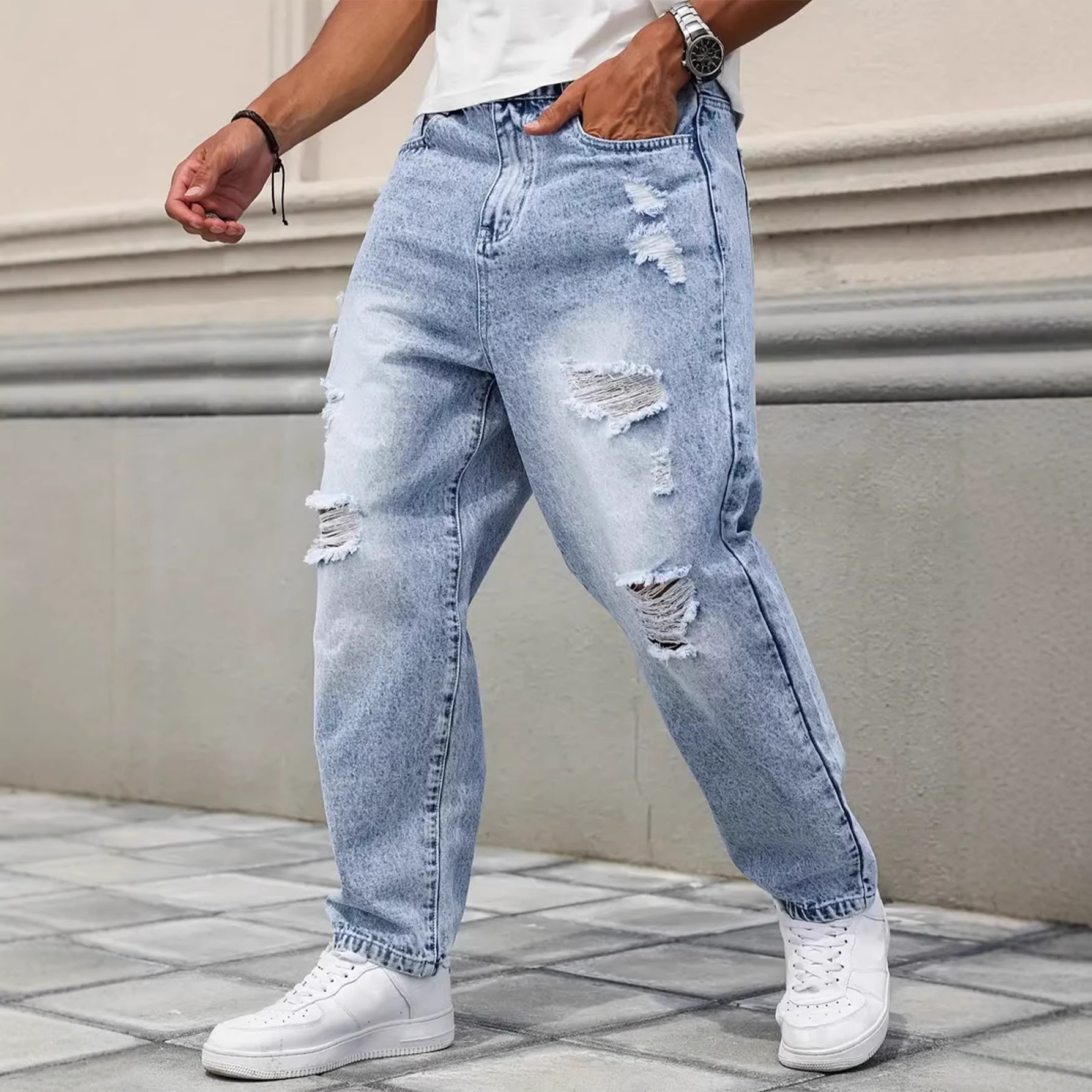 Men's Light Blue Straight Ripped Denim Pants
