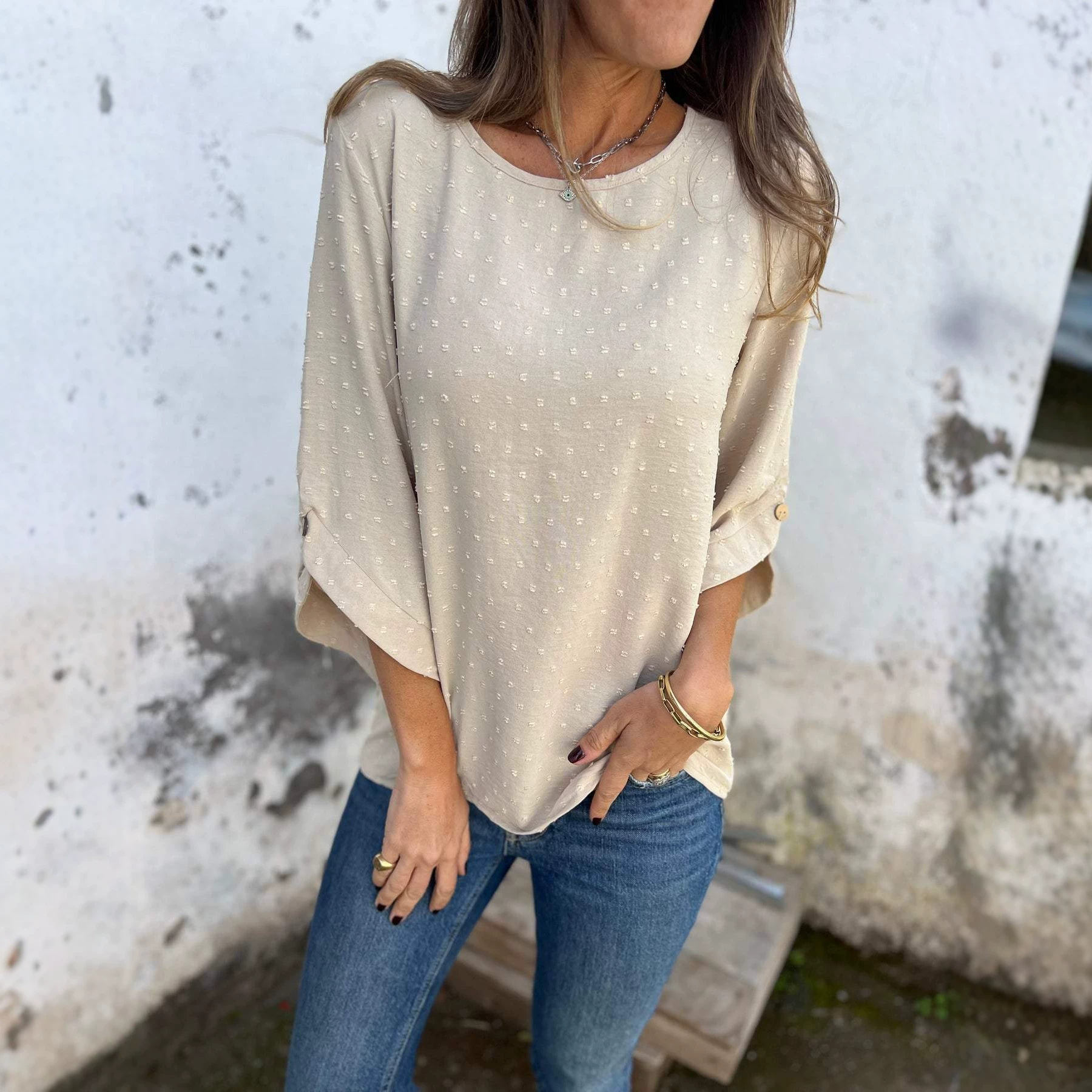 Women's Fashion Casual Loose Fit Top T Shirt Round Neck Chiffon Jacquard For Spring And Autumn