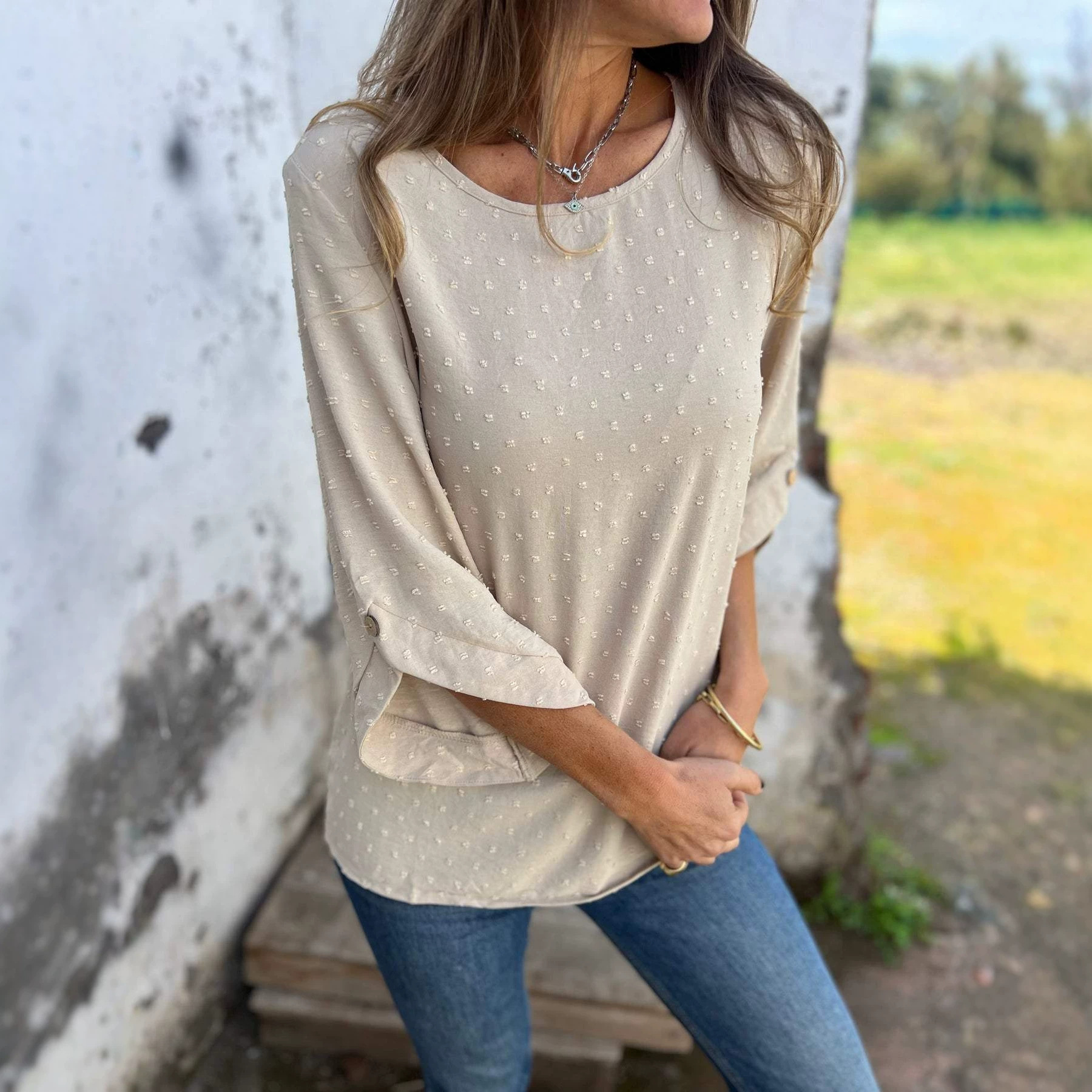 Women's Fashion Casual Loose Fit Top T Shirt Round Neck Chiffon Jacquard For Spring And Autumn — photo 3