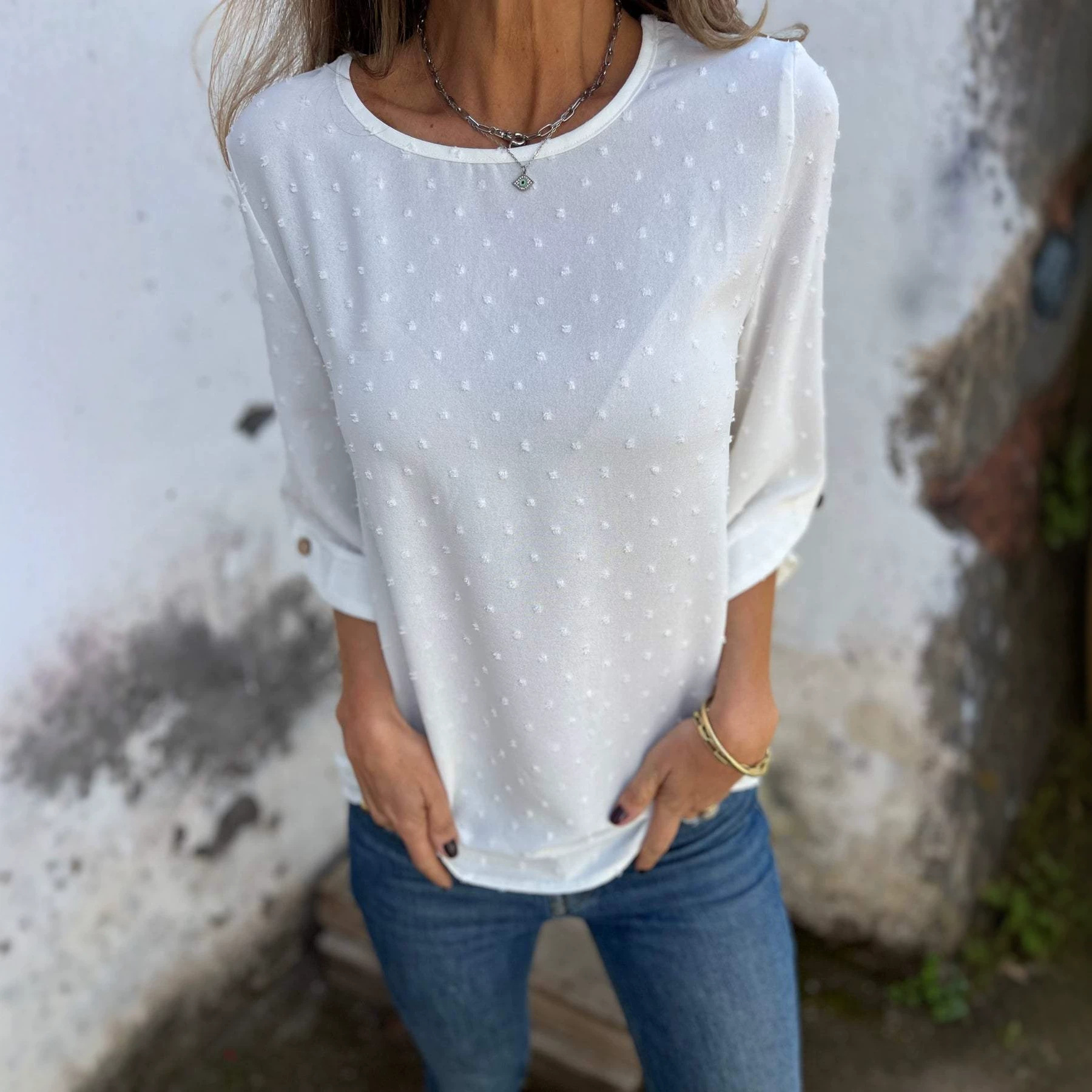 Women's Fashion Casual Loose Fit Top T Shirt Round Neck Chiffon Jacquard For Spring And Autumn — photo 4
