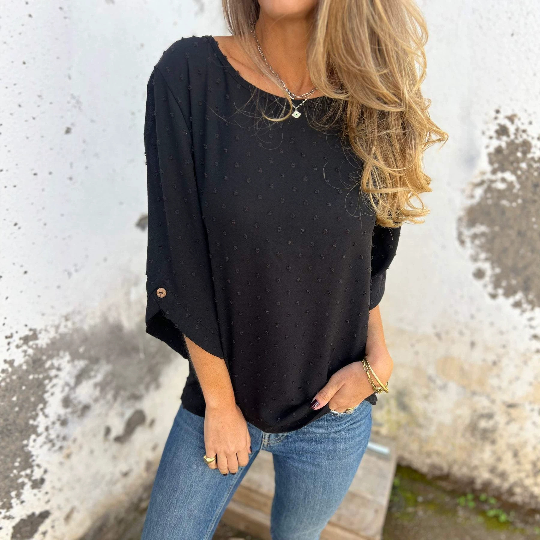 Women's Fashion Casual Loose Fit Top T Shirt Round Neck Chiffon Jacquard For Spring And Autumn — photo 6