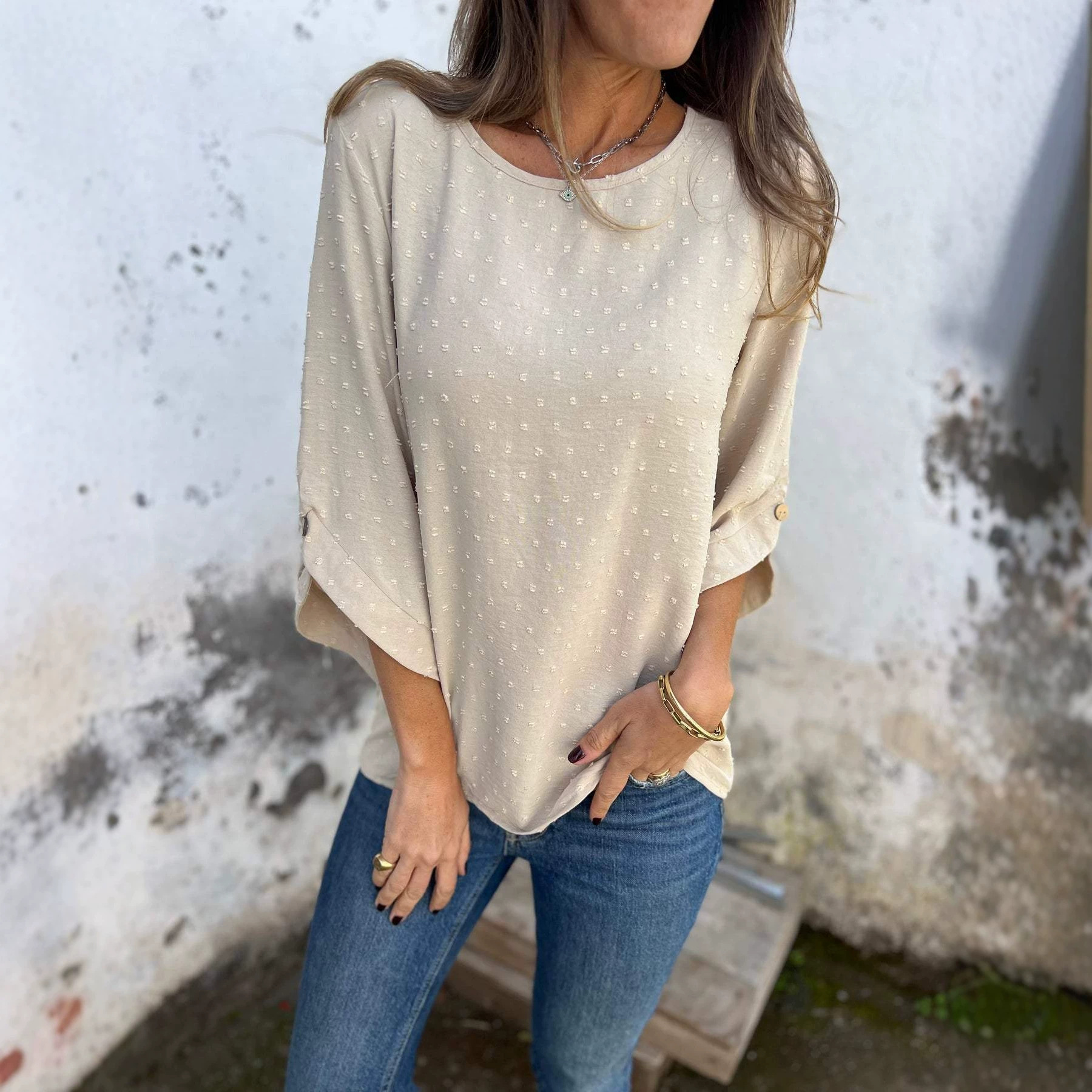 Women's Fashion Casual Loose Fit Top T Shirt Round Neck Chiffon Jacquard For Spring And Autumn — photo 8