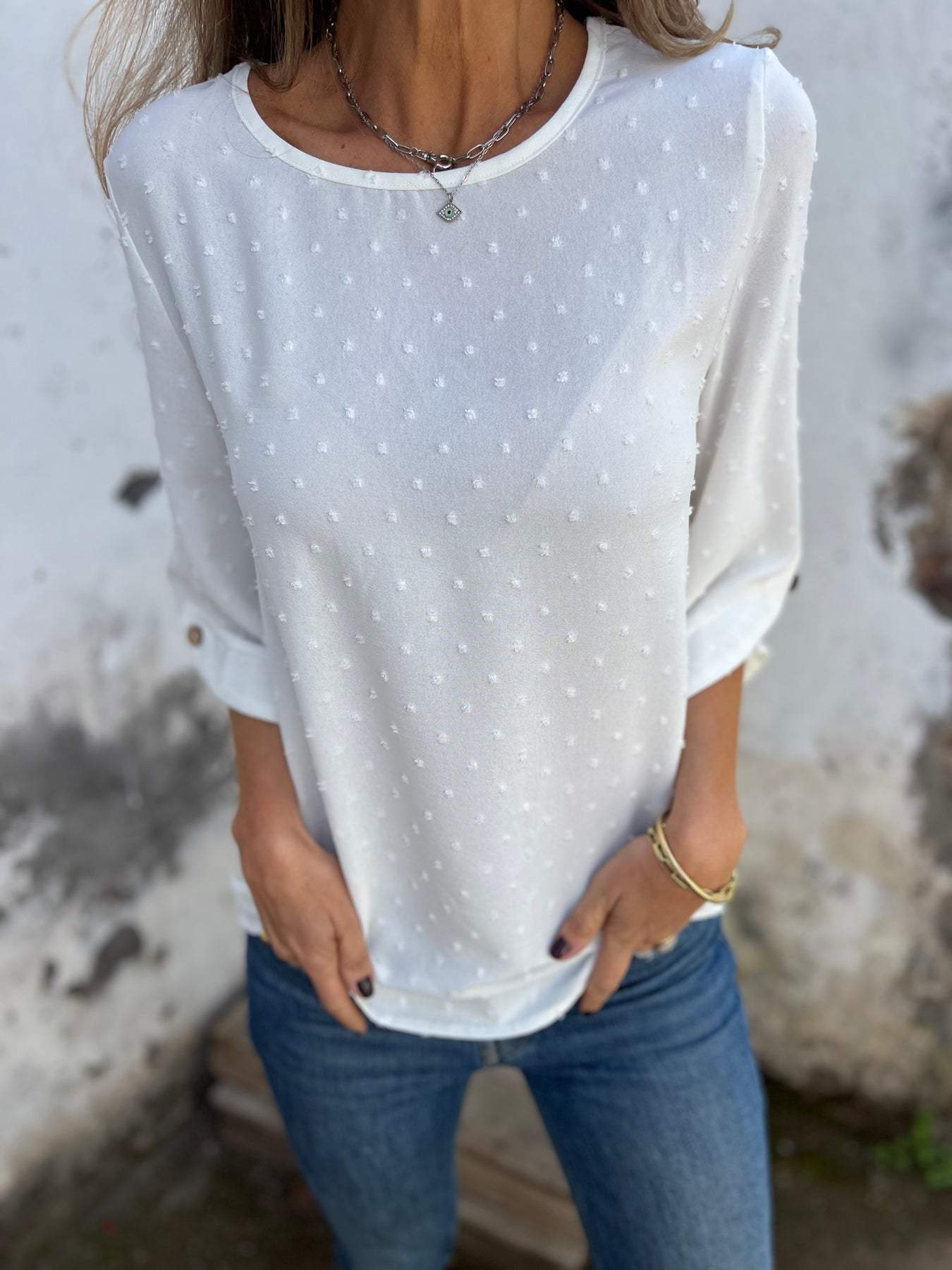 Women's Fashion Casual Loose Fit Top T Shirt Round Neck Chiffon Jacquard For Spring And Autumn — photo 9