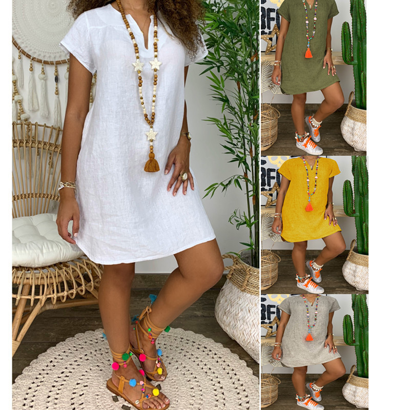 New Amazon WISH Hot Spring Summer Loose Skirt Short Sleeve V-Neck Solid Color Woven Dress