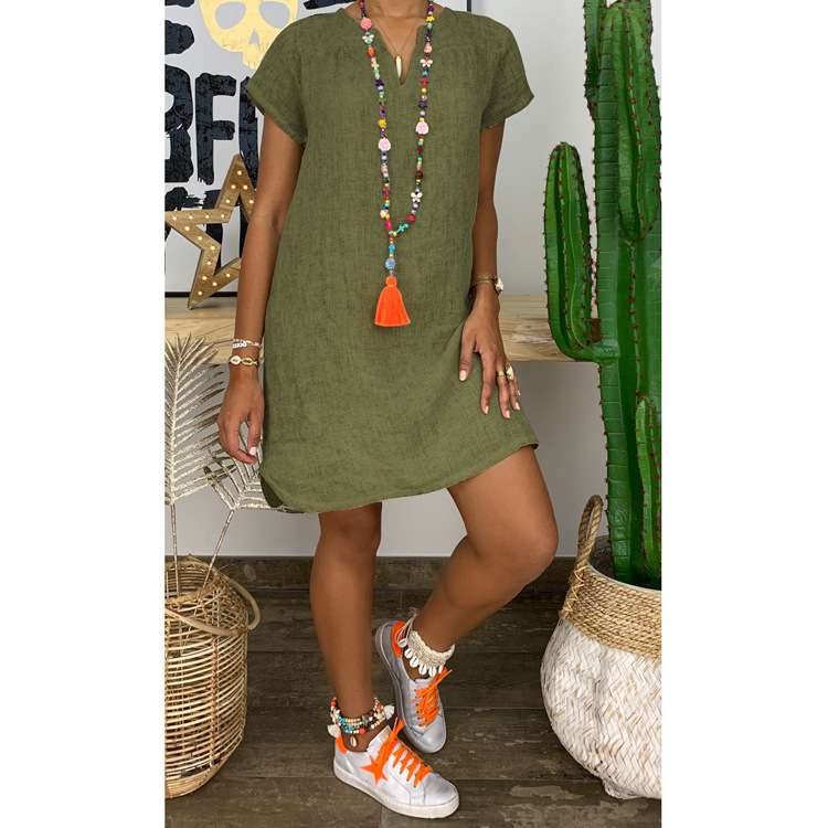New Amazon WISH Hot Spring Summer Loose Skirt Short Sleeve V-Neck Solid Color Woven Dress — photo 3