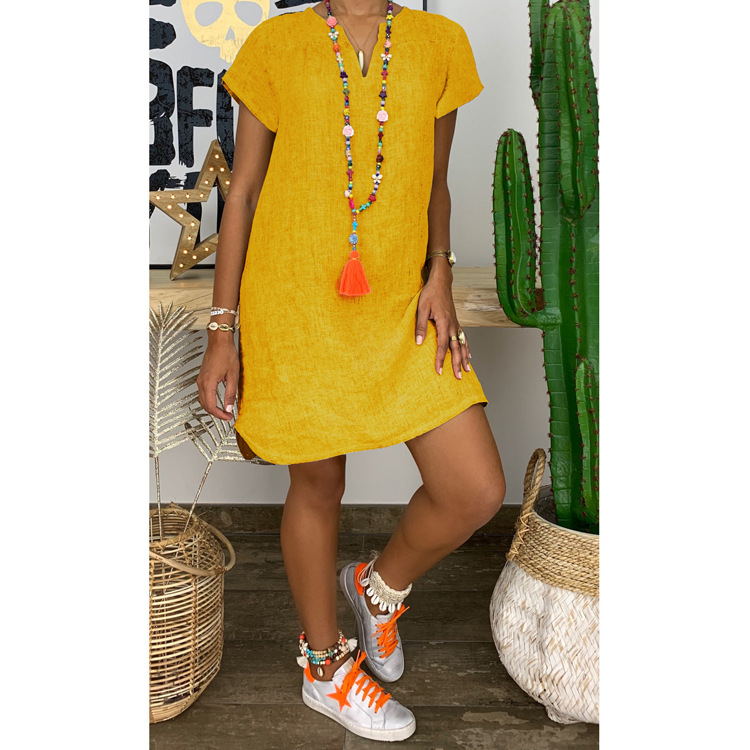 New Amazon WISH Hot Spring Summer Loose Skirt Short Sleeve V-Neck Solid Color Woven Dress — photo 12