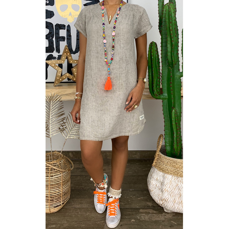 New Amazon WISH Hot Spring Summer Loose Skirt Short Sleeve V-Neck Solid Color Woven Dress — photo 4