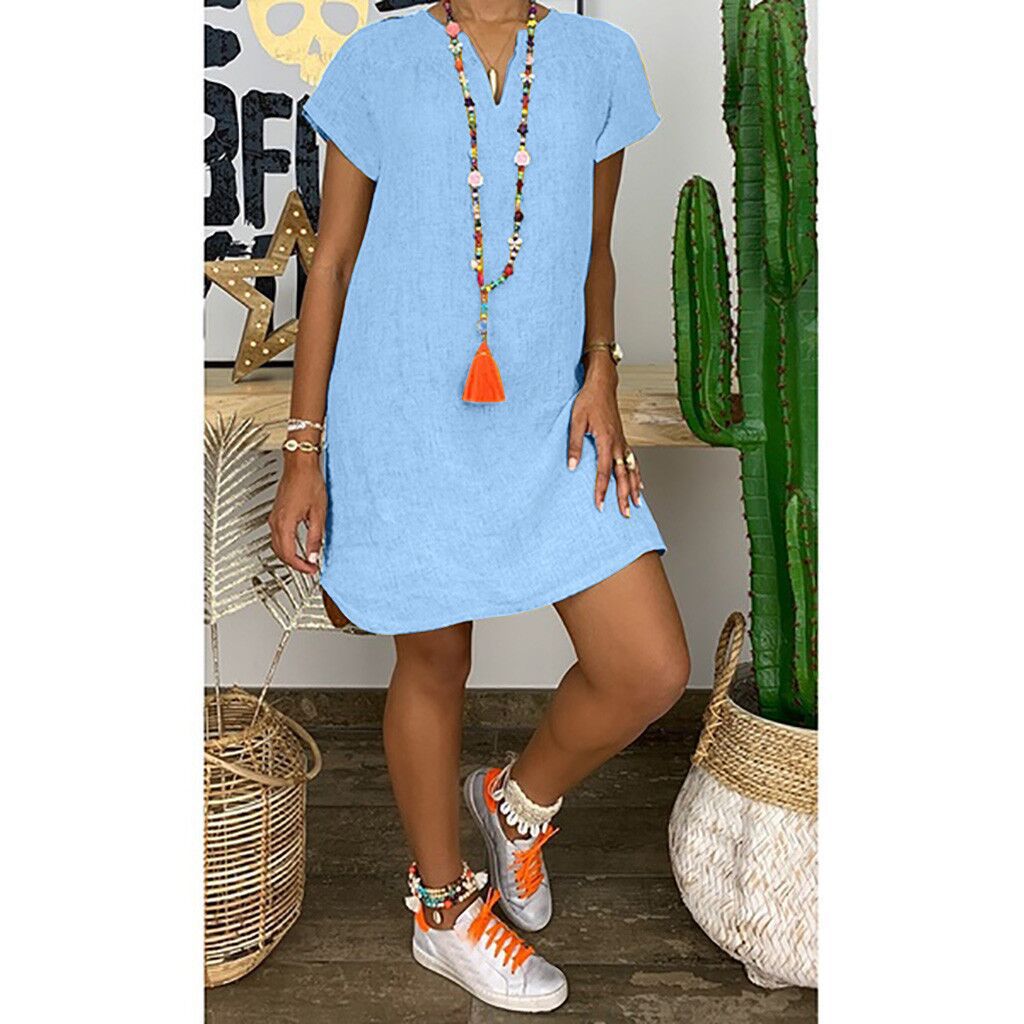 New Amazon WISH Hot Spring Summer Loose Skirt Short Sleeve V-Neck Solid Color Woven Dress — photo 5