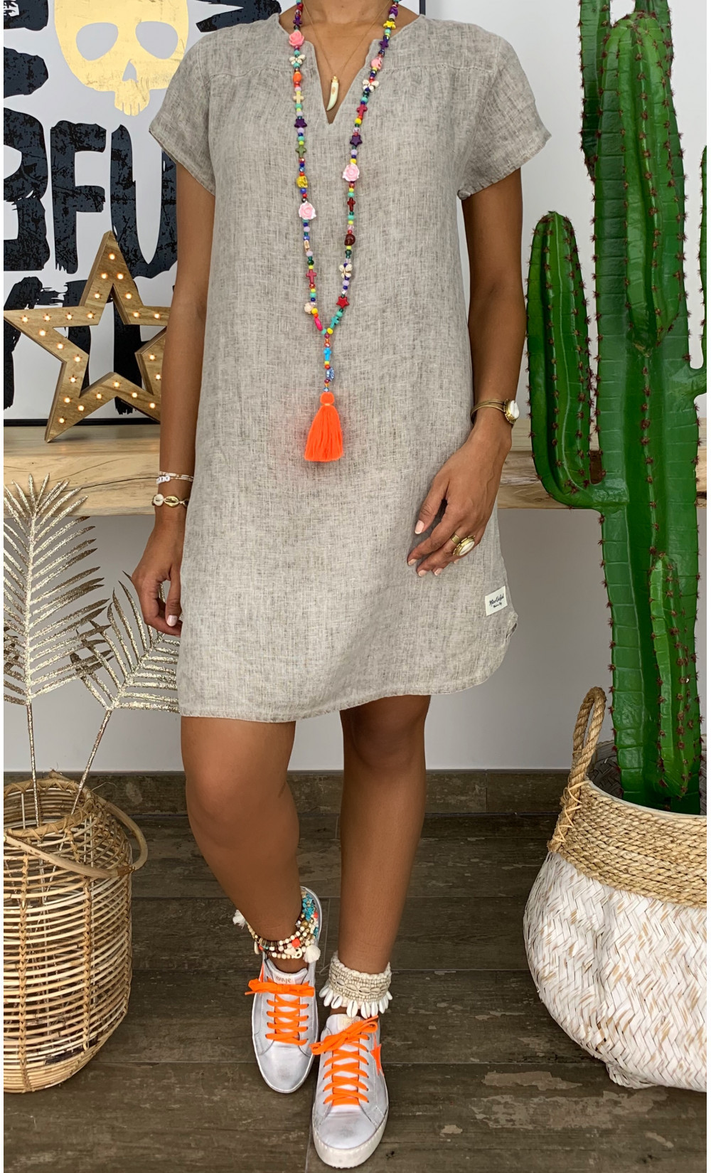 New Amazon WISH Hot Spring Summer Loose Skirt Short Sleeve V-Neck Solid Color Woven Dress — photo 6