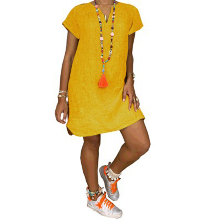 New Amazon WISH Hot Spring Summer Loose Skirt Short Sleeve V-Neck Solid Color Woven Dress — photo 10