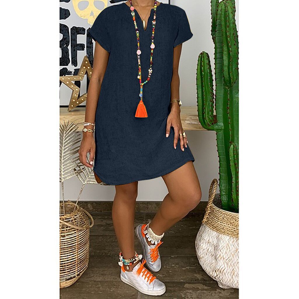 New Amazon WISH Hot Spring Summer Loose Skirt Short Sleeve V-Neck Solid Color Woven Dress — photo 11