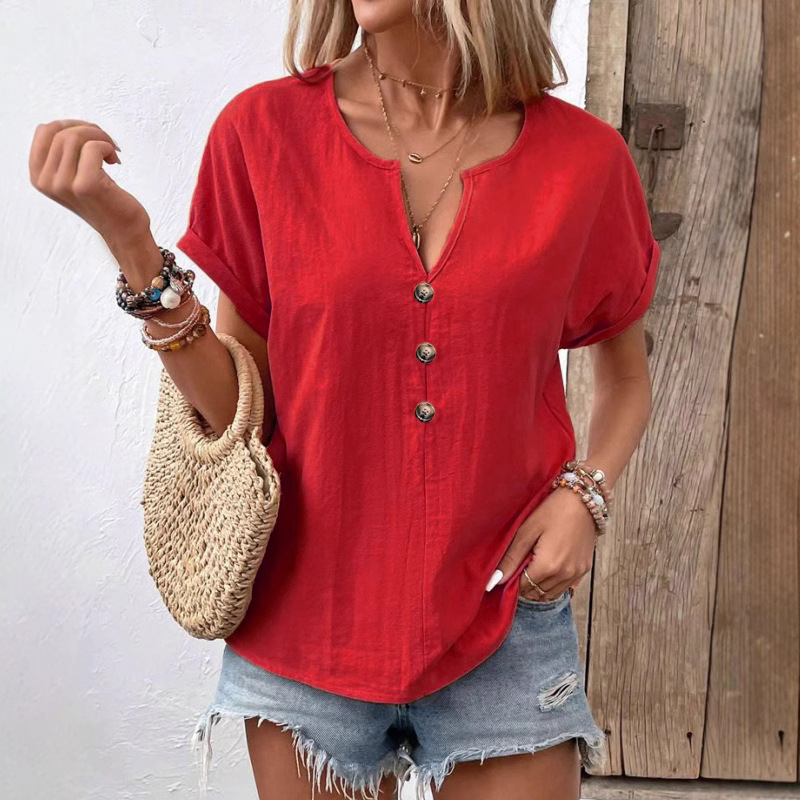 2026 Summer New European And American Women's Button V-neck Short Sleeved T-shirt Top For Women — photo 3