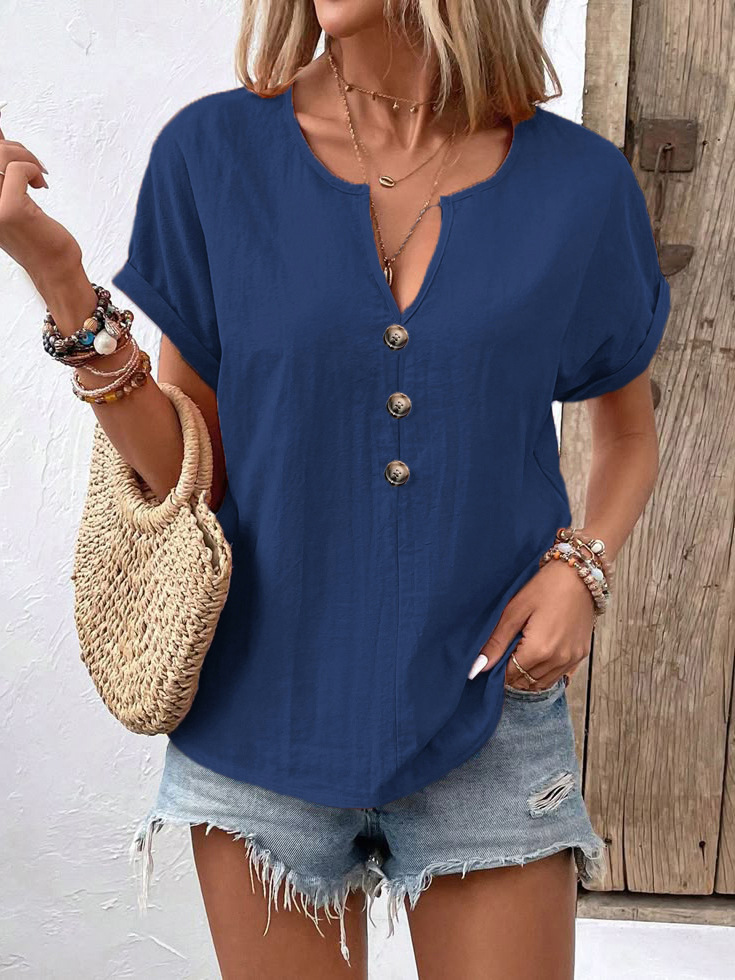 2026 Summer New European And American Women's Button V-neck Short Sleeved T-shirt Top For Women — photo 12