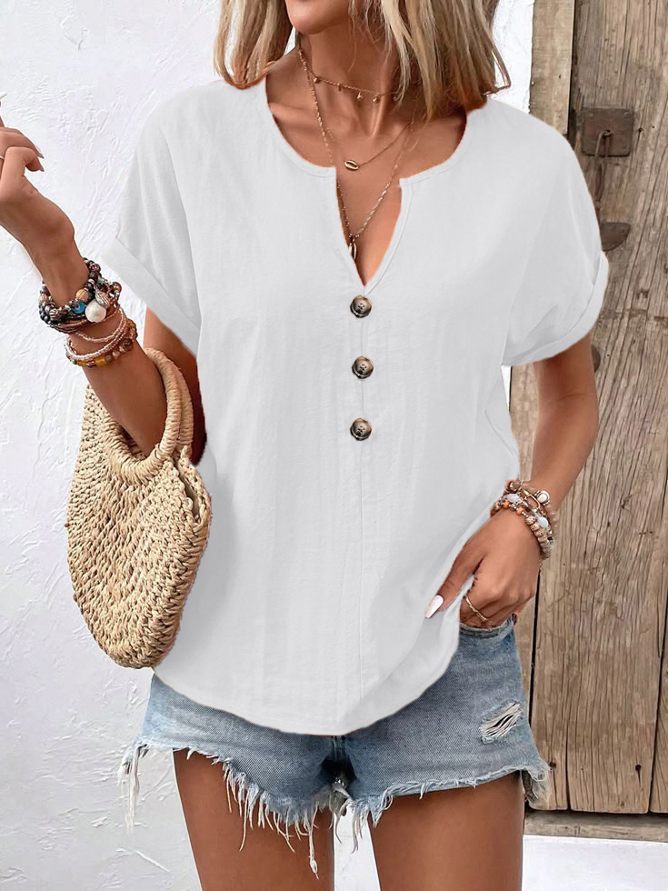 2026 Summer New European And American Women's Button V-neck Short Sleeved T-shirt Top For Women — photo 6