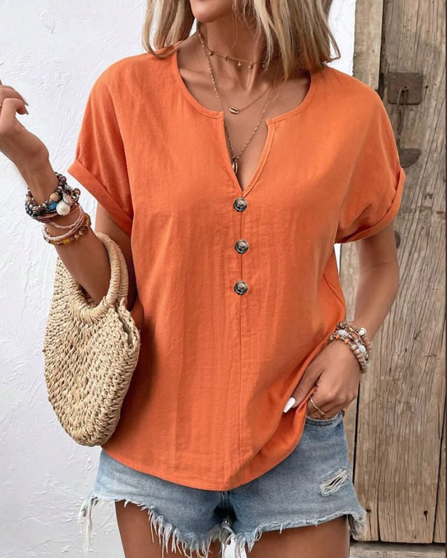 2026 Summer New European And American Women's Button V-neck Short Sleeved T-shirt Top For Women — photo 7