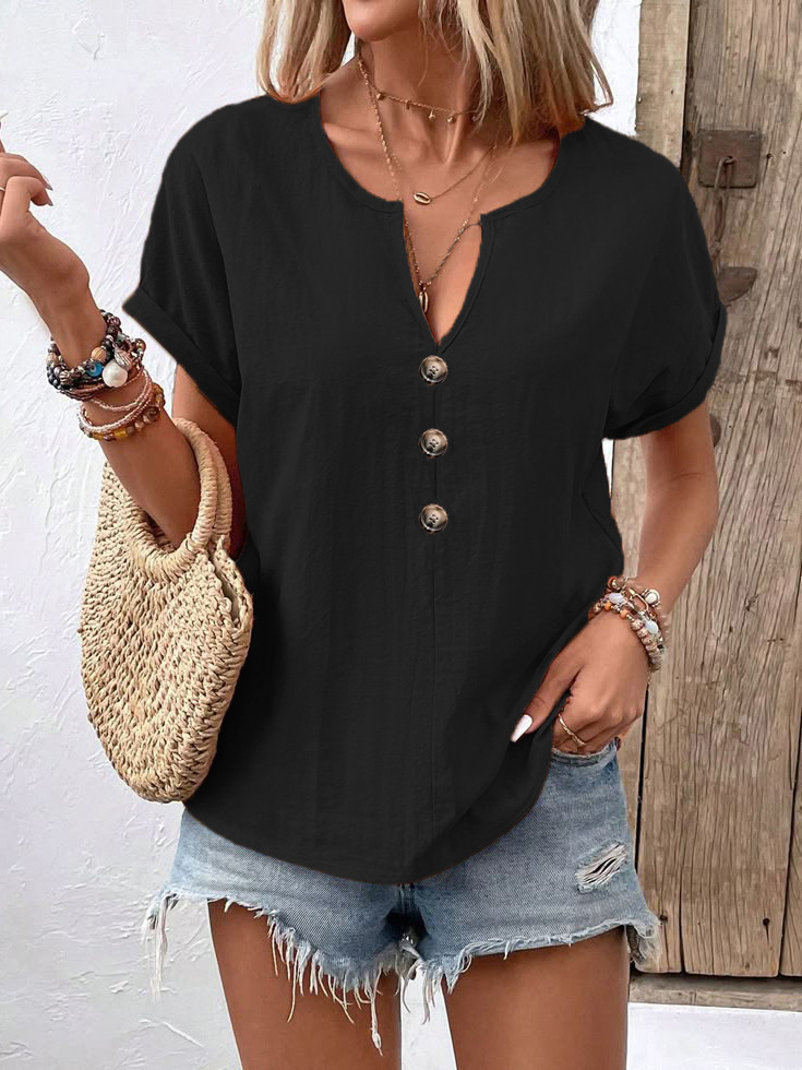 2026 Summer New European And American Women's Button V-neck Short Sleeved T-shirt Top For Women — photo 10