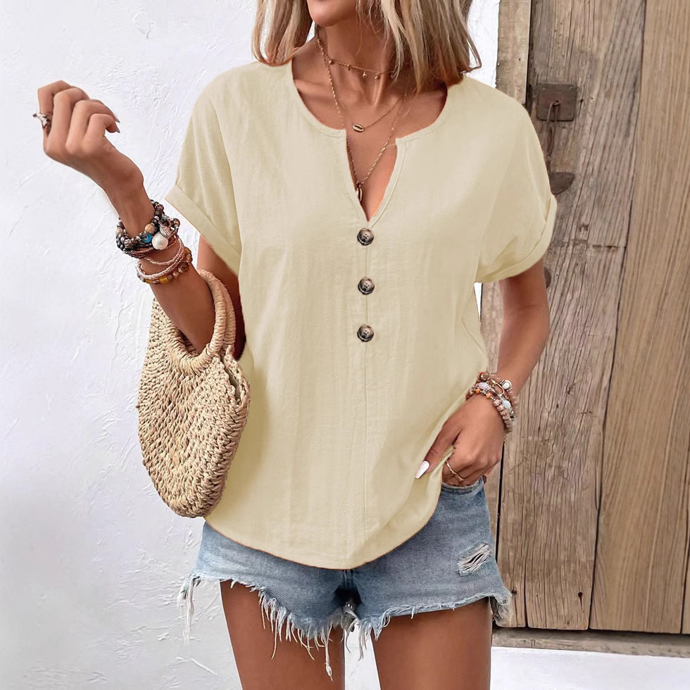 2026 Summer New European And American Women's Button V-neck Short Sleeved T-shirt Top For Women — photo 11