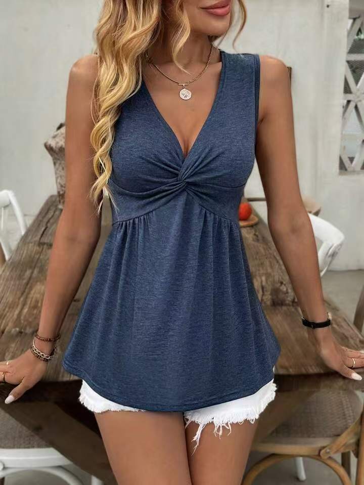 2026 European And American Sleeveless V-neck Design With A Twisted And Wrinkled Chest, Waist Cinching Vest, Women's T-shirt — photo 3