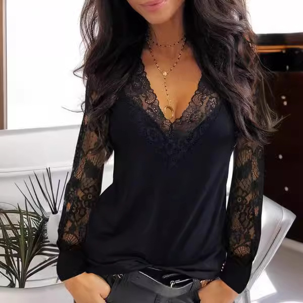 2026 Autumn New European And American Women's Sexy Lace Splicing V-neck Perspective Long Sleeve T-shirt — photo 4