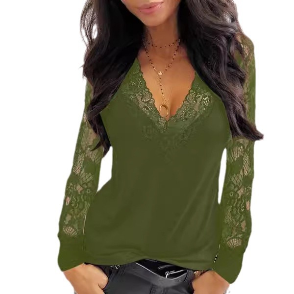 2026 Autumn New European And American Women's Sexy Lace Splicing V-neck Perspective Long Sleeve T-shirt — photo 5