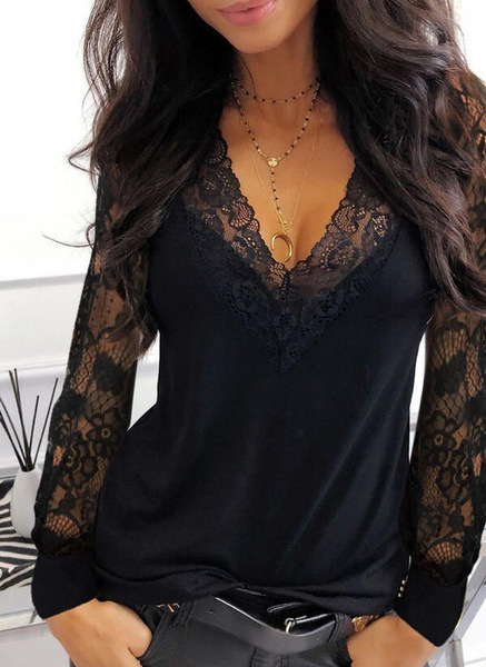 2026 Autumn New European And American Women's Sexy Lace Splicing V-neck Perspective Long Sleeve T-shirt — photo 7