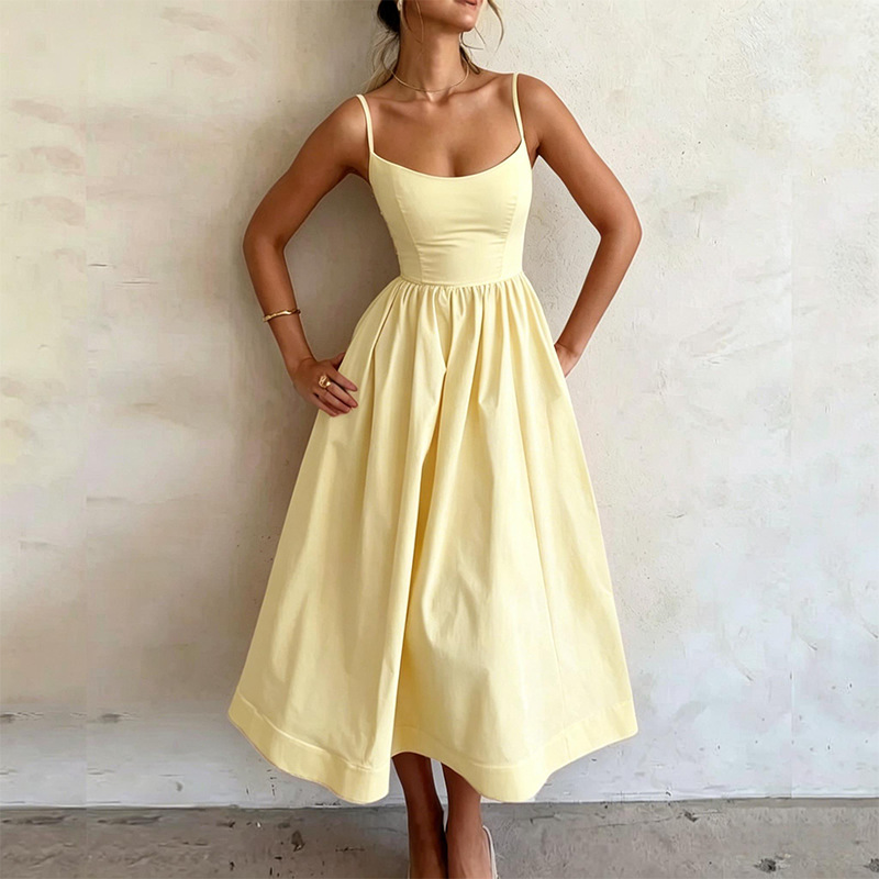 New Summer Women  Fashion Cross-Border European And American Dress Sexy Waist-Tied Pleated Solid Color Flared Spaghetti Strap Dress