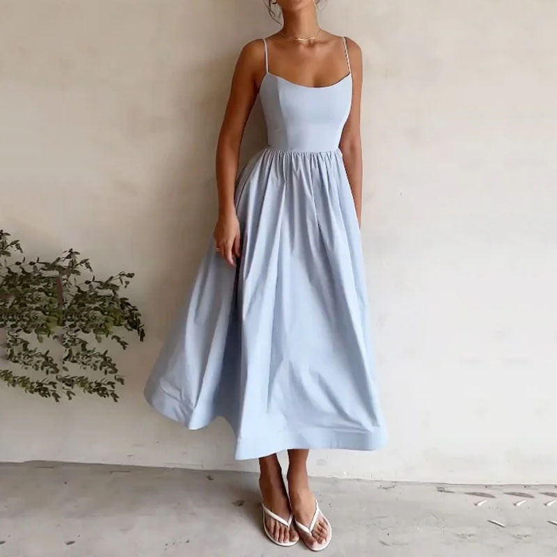 New Summer Women  Fashion Cross-Border European And American Dress Sexy Waist-Tied Pleated Solid Color Flared Spaghetti Strap Dress — photo 3