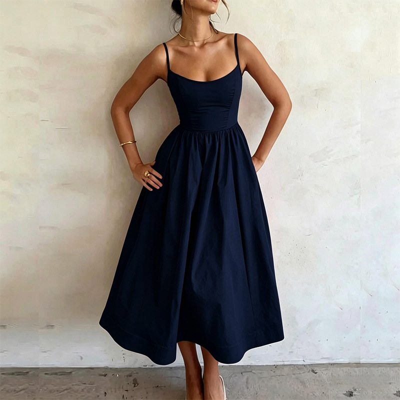 New Summer Women  Fashion Cross-Border European And American Dress Sexy Waist-Tied Pleated Solid Color Flared Spaghetti Strap Dress — photo 4