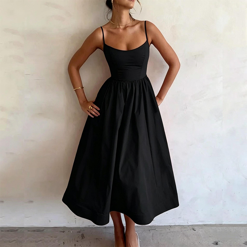 New Summer Women  Fashion Cross-Border European And American Dress Sexy Waist-Tied Pleated Solid Color Flared Spaghetti Strap Dress — photo 5