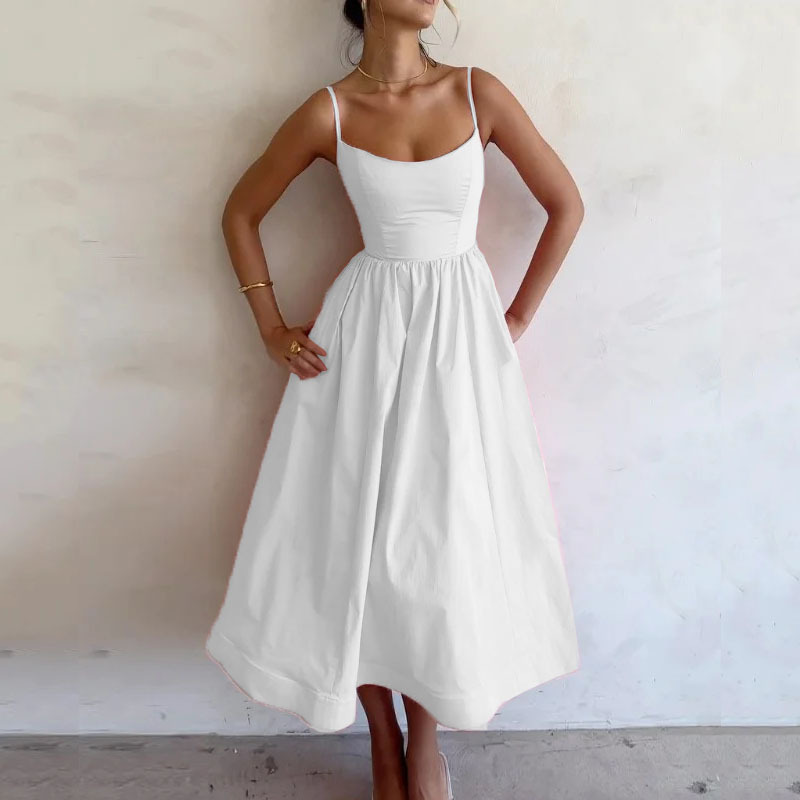 New Summer Women  Fashion Cross-Border European And American Dress Sexy Waist-Tied Pleated Solid Color Flared Spaghetti Strap Dress — photo 6