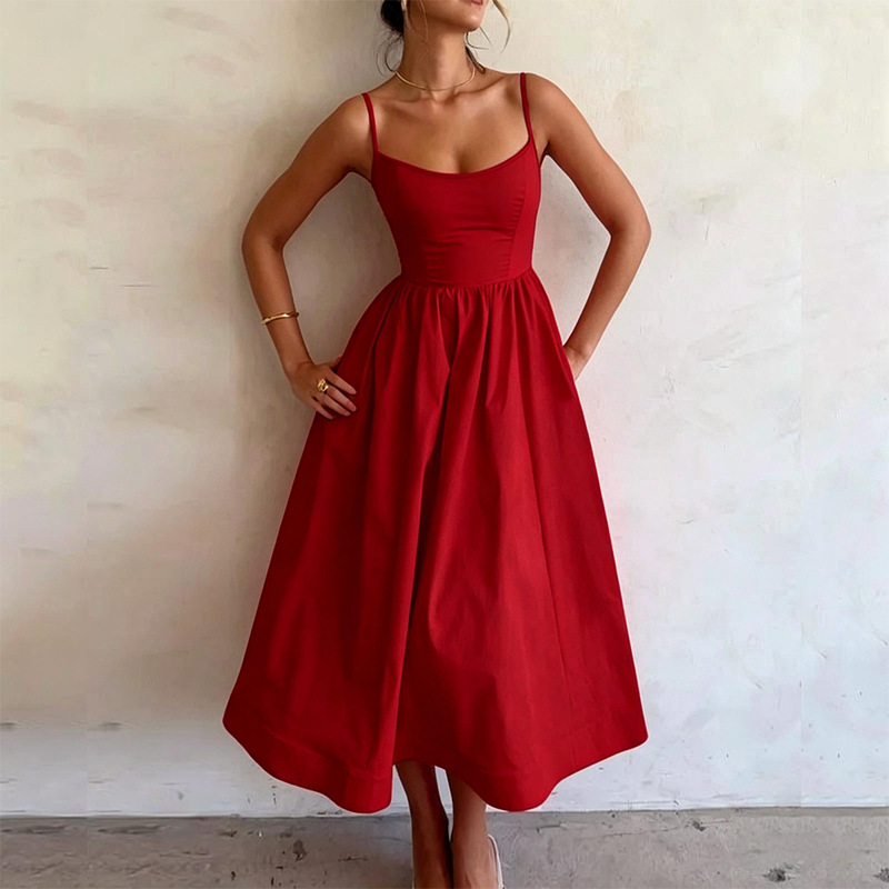 New Summer Women  Fashion Cross-Border European And American Dress Sexy Waist-Tied Pleated Solid Color Flared Spaghetti Strap Dress — photo 7