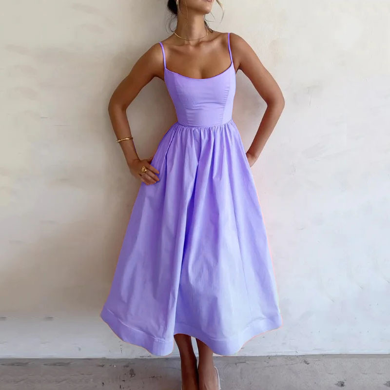 New Summer Women  Fashion Cross-Border European And American Dress Sexy Waist-Tied Pleated Solid Color Flared Spaghetti Strap Dress — photo 8