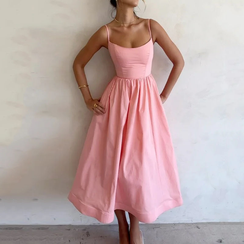New Summer Women  Fashion Cross-Border European And American Dress Sexy Waist-Tied Pleated Solid Color Flared Spaghetti Strap Dress — photo 9