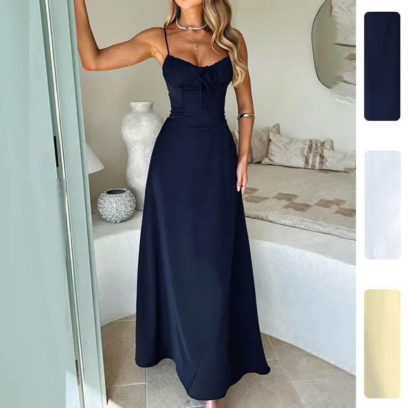 2026 New Summer Women's Clothing European And American Amazon Cross-Border Dress Tie-Waist A-Line Solid Color Slip Dress