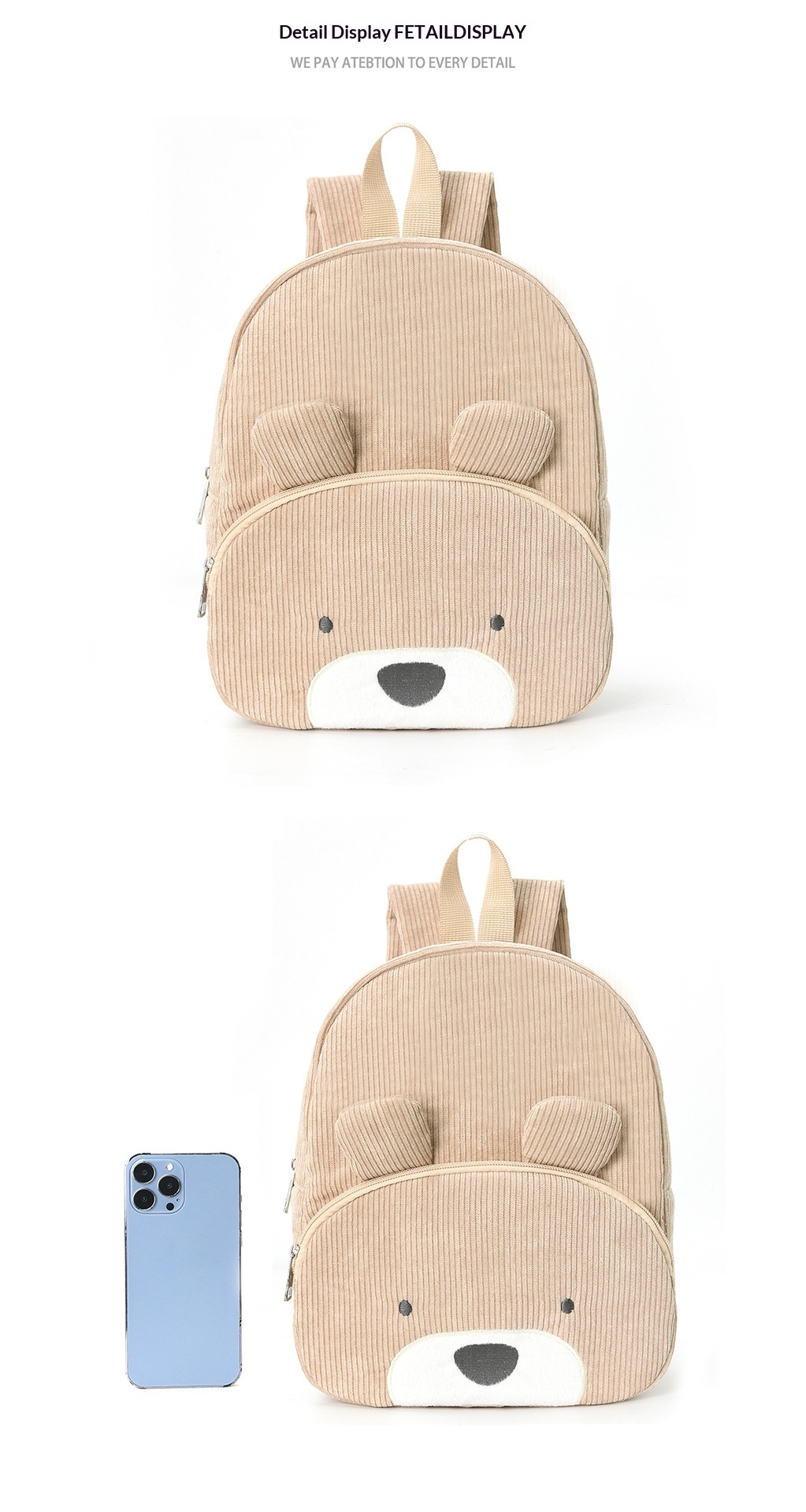 Cute Teddy Bear Backpack, Corduroy, Elementary School Backpack, Fashionable Casual Backpack, Cartoon Plush Bag-0936 Khaki Dog — photo 6