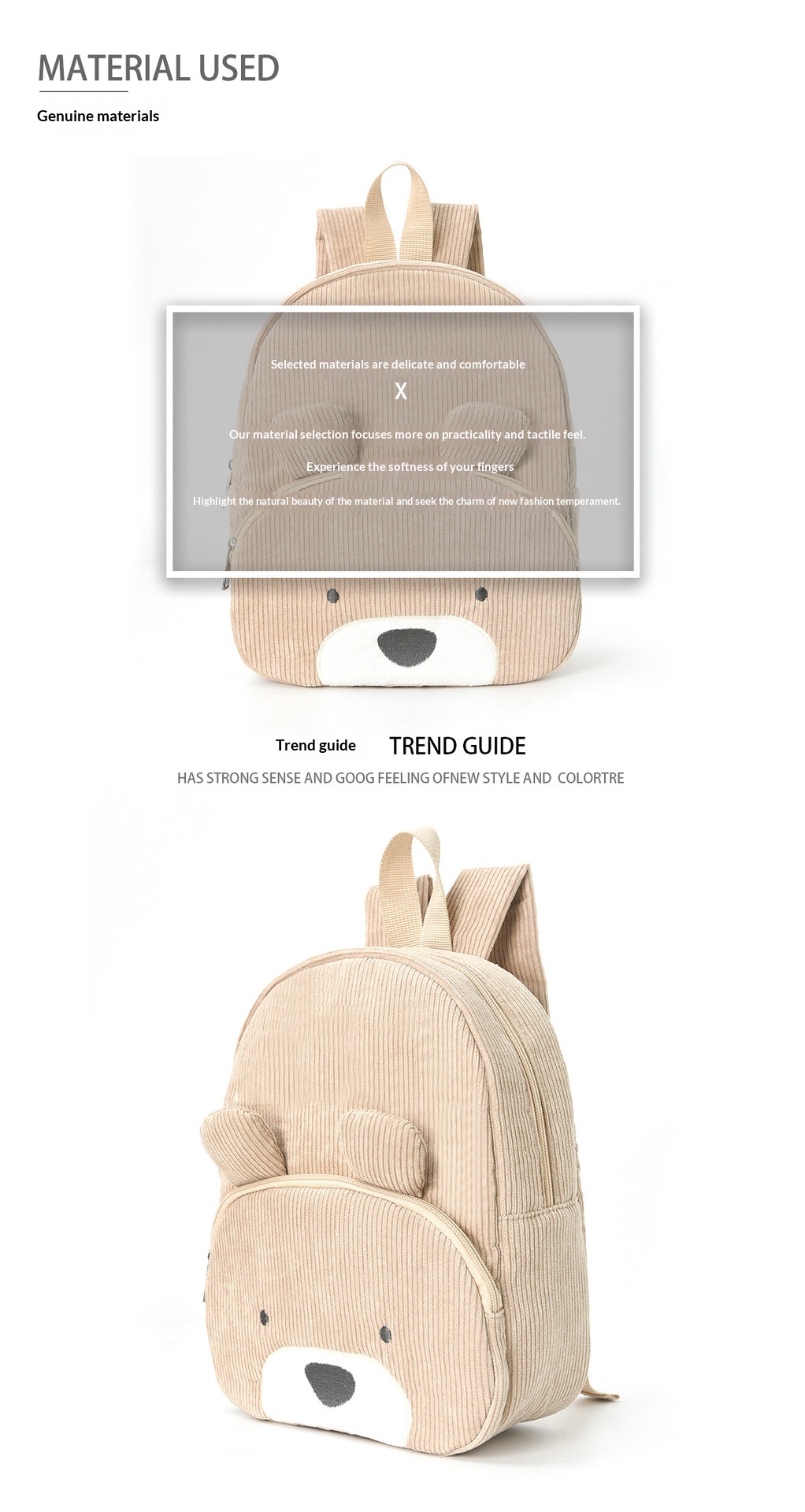 Cute Teddy Bear Backpack, Corduroy, Elementary School Backpack, Fashionable Casual Backpack, Cartoon Plush Bag-0936 Fox Brown
