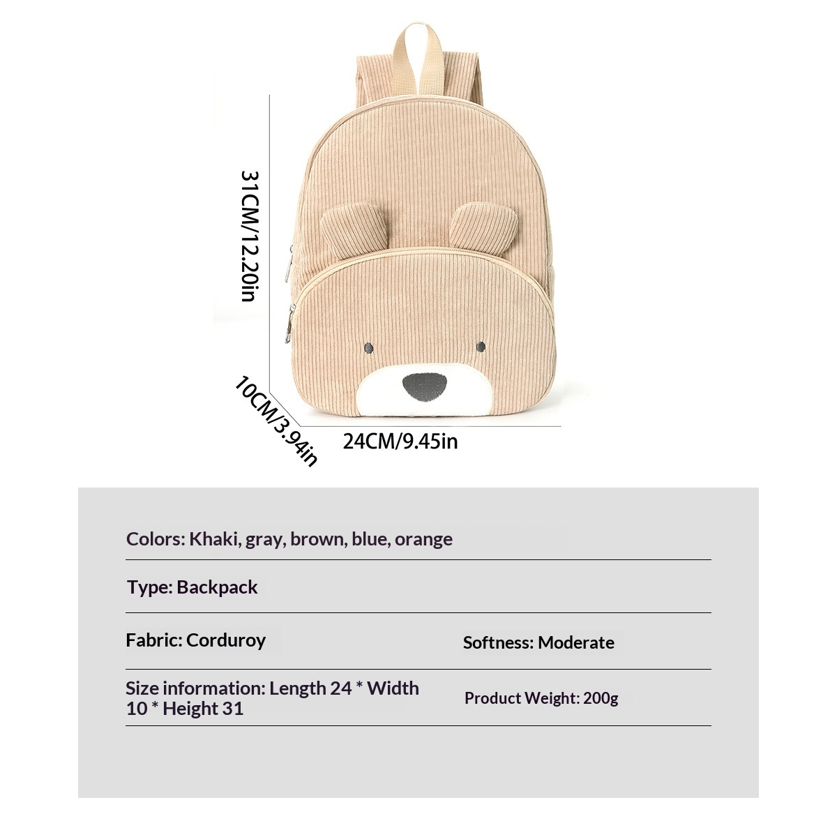 Cute Teddy Bear Backpack, Corduroy, Elementary School Backpack, Fashionable Casual Backpack, Cartoon Plush Bag-0936 Smiling Khaki Bear — photo 2