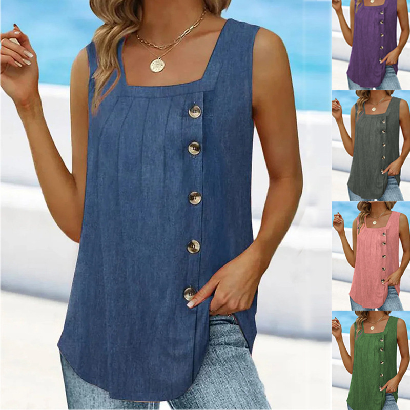 2026 Summer New Popular European And American Women's Pleated Square Neck Sleeveless Tailcoat Button Vest
