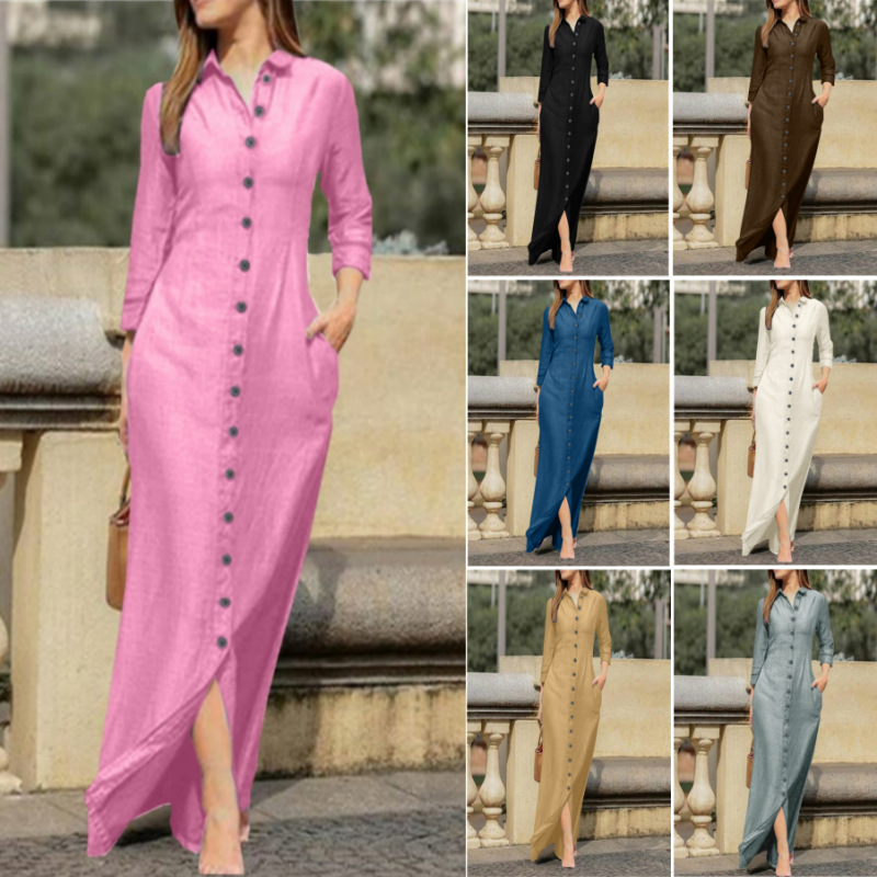 2023 European And American Women's Elegant Fashion Neutral Style Long Sleeve Lapel Cardigan Solid Color Long Cotton Linen Dress