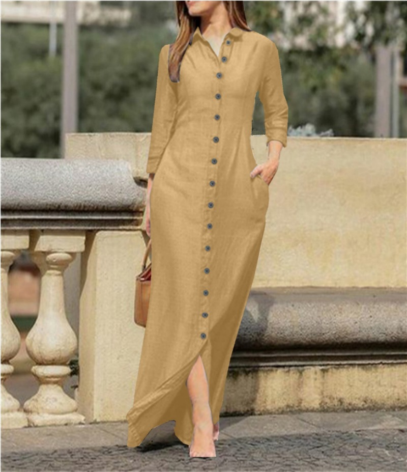 2023 European And American Women's Elegant Fashion Neutral Style Long Sleeve Lapel Cardigan Solid Color Long Cotton Linen Dress — photo 3