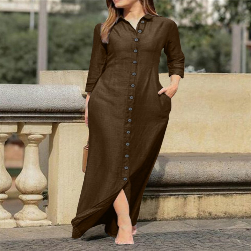 2023 European And American Women's Elegant Fashion Neutral Style Long Sleeve Lapel Cardigan Solid Color Long Cotton Linen Dress — photo 12