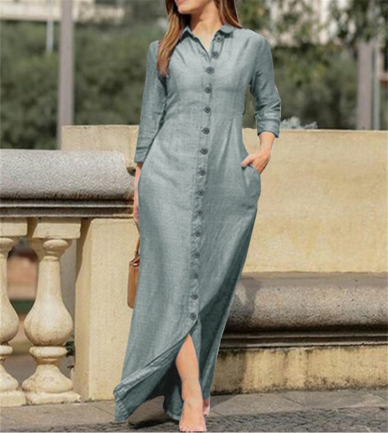 2023 European And American Women's Elegant Fashion Neutral Style Long Sleeve Lapel Cardigan Solid Color Long Cotton Linen Dress — photo 5