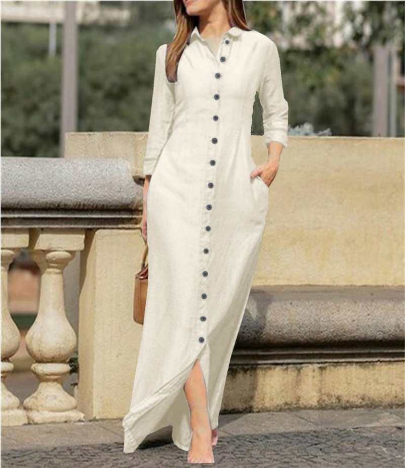 2023 European And American Women's Elegant Fashion Neutral Style Long Sleeve Lapel Cardigan Solid Color Long Cotton Linen Dress — photo 6