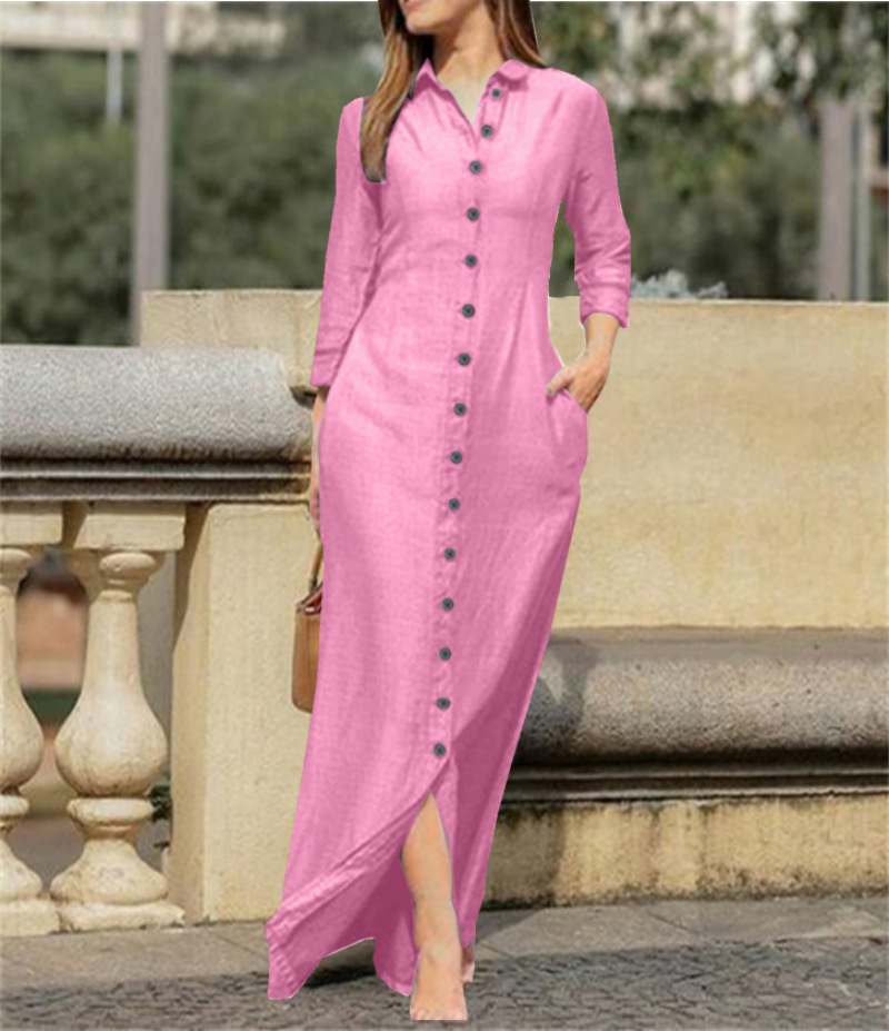 2023 European And American Women's Elegant Fashion Neutral Style Long Sleeve Lapel Cardigan Solid Color Long Cotton Linen Dress — photo 9