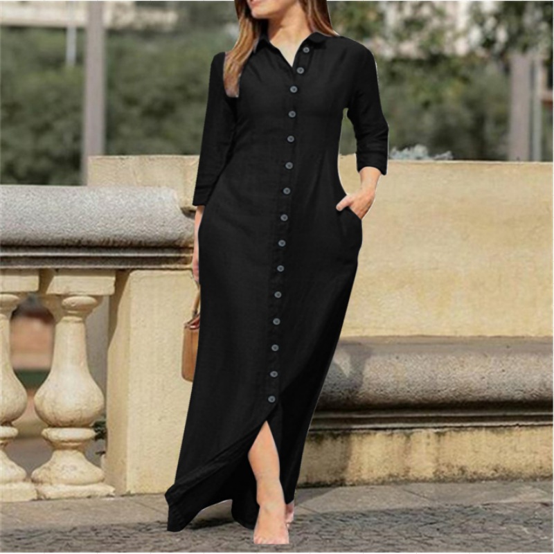 2023 European And American Women's Elegant Fashion Neutral Style Long Sleeve Lapel Cardigan Solid Color Long Cotton Linen Dress — photo 10